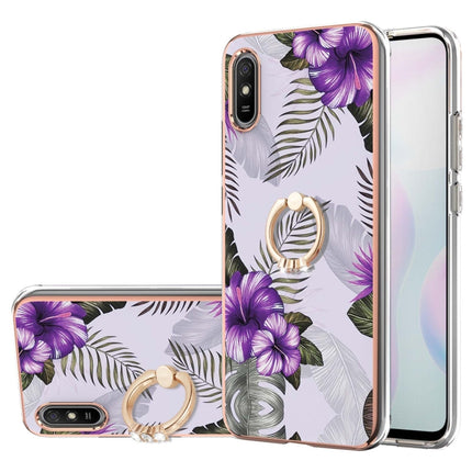 For Xiaomi Redmi 9A Electroplating Pattern IMD TPU Shockproof Case with Rhinestone Ring Holder(Purple Flower)-garmade.com