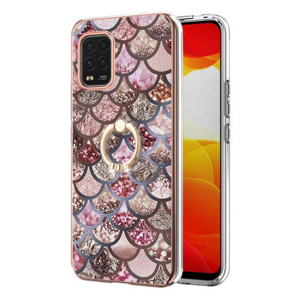 For Xiaomi Mi 10 Lite 5G Electroplating Pattern IMD TPU Shockproof Case with Rhinestone Ring Holder(Pink Scales)-garmade.com