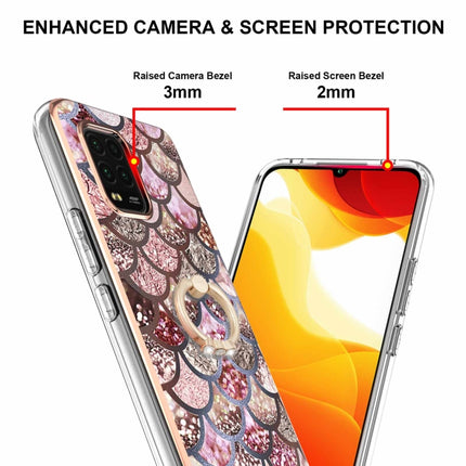 For Xiaomi Mi 10 Lite 5G Electroplating Pattern IMD TPU Shockproof Case with Rhinestone Ring Holder(Pink Scales)-garmade.com