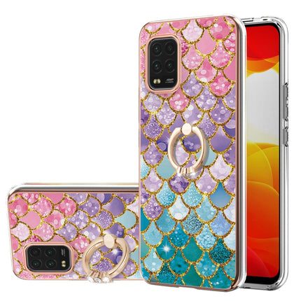 For Xiaomi Mi 10 Lite 5G Electroplating Pattern IMD TPU Shockproof Case with Rhinestone Ring Holder(Colorful Scales)-garmade.com