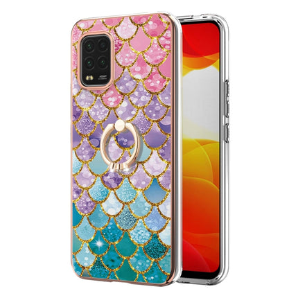 For Xiaomi Mi 10 Lite 5G Electroplating Pattern IMD TPU Shockproof Case with Rhinestone Ring Holder(Colorful Scales)-garmade.com