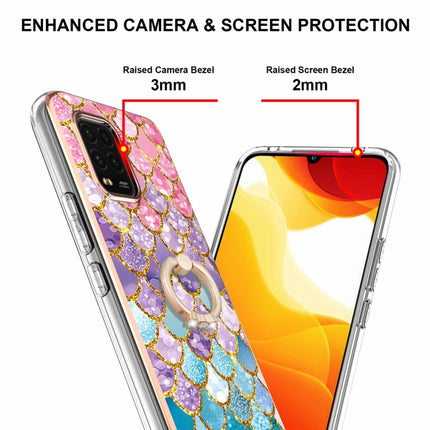 For Xiaomi Mi 10 Lite 5G Electroplating Pattern IMD TPU Shockproof Case with Rhinestone Ring Holder(Colorful Scales)-garmade.com