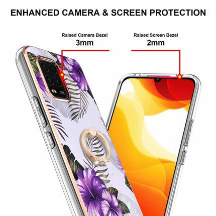 For Xiaomi Mi 10 Lite 5G Electroplating Pattern IMD TPU Shockproof Case with Rhinestone Ring Holder(Purple Flower)-garmade.com