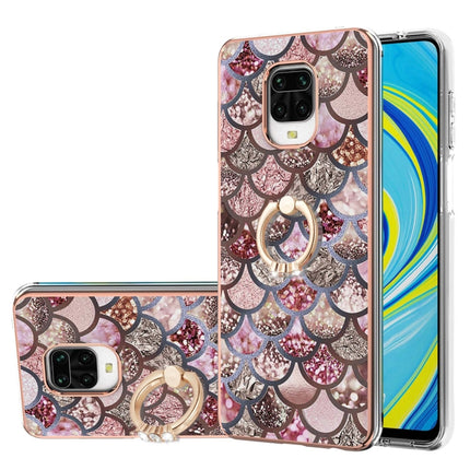 For Xiaomi Redmi Note 9S/Note 9 Pro/Note 9 Pro Max Electroplating Pattern IMD TPU Shockproof Case with Rhinestone Ring Holder(Pink Scales)-garmade.com