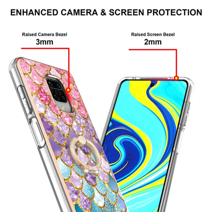 For Xiaomi Redmi Note 9S/Note 9 Pro/Note 9 Pro Max Electroplating Pattern IMD TPU Shockproof Case with Rhinestone Ring Holder(Colorful Scales)-garmade.com