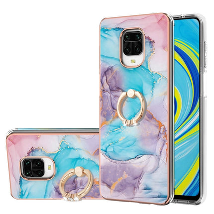 For Xiaomi Redmi Note 9S/Note 9 Pro/Note 9 Pro Max Electroplating Pattern IMD TPU Shockproof Case with Rhinestone Ring Holder(Milky Way Blue Marble)-garmade.com