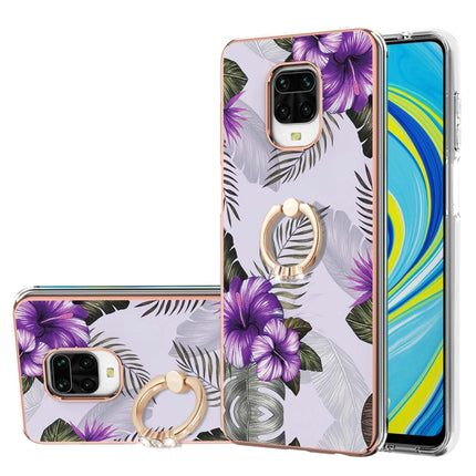 For Xiaomi Redmi Note 9S/Note 9 Pro/Note 9 Pro Max Electroplating Pattern IMD TPU Shockproof Case with Rhinestone Ring Holder(Purple Flower)-garmade.com