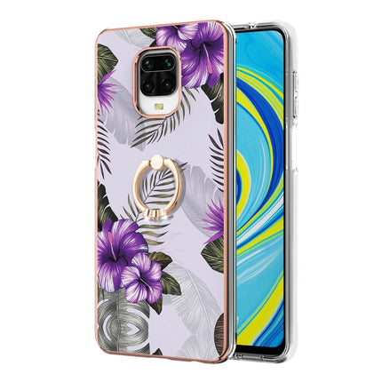 For Xiaomi Redmi Note 9S/Note 9 Pro/Note 9 Pro Max Electroplating Pattern IMD TPU Shockproof Case with Rhinestone Ring Holder(Purple Flower)-garmade.com