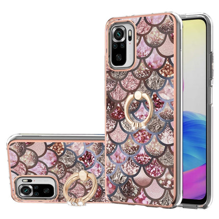 For Xiaomi Redmi Note 10 Electroplating Pattern IMD TPU Shockproof Case with Rhinestone Ring Holder(Pink Scales)-garmade.com