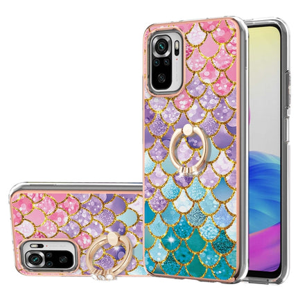 For Xiaomi Redmi Note 10 Electroplating Pattern IMD TPU Shockproof Case with Rhinestone Ring Holder(Colorful Scales)-garmade.com