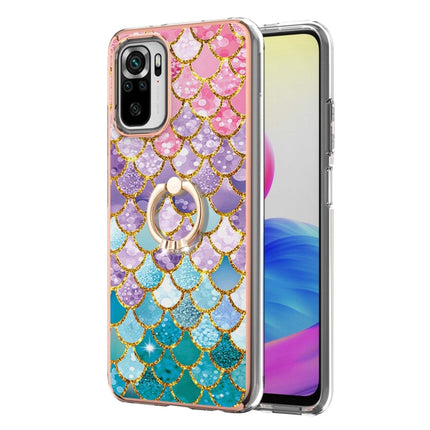 For Xiaomi Redmi Note 10 Electroplating Pattern IMD TPU Shockproof Case with Rhinestone Ring Holder(Colorful Scales)-garmade.com