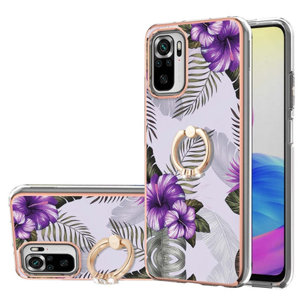 For Xiaomi Redmi Note 10 Electroplating Pattern IMD TPU Shockproof Case with Rhinestone Ring Holder(Purple Flower)-garmade.com
