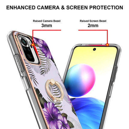 For Xiaomi Redmi Note 10 Electroplating Pattern IMD TPU Shockproof Case with Rhinestone Ring Holder(Purple Flower)-garmade.com