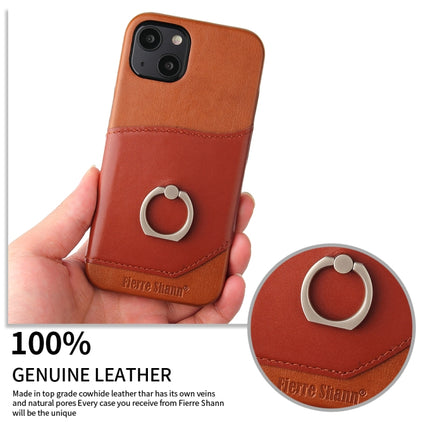 Fierre Shann Oil Wax Texture Genuine Leather Back Cover Case with 360 Degree Rotation Holder & Card Slot For iPhone 13(Brown)-garmade.com