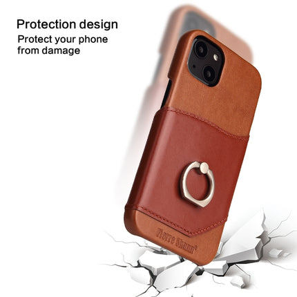 Fierre Shann Oil Wax Texture Genuine Leather Back Cover Case with 360 Degree Rotation Holder & Card Slot For iPhone 13 Mini(Brown)-garmade.com