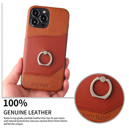 Fierre Shann Oil Wax Texture Genuine Leather Back Cover Case with 360 Degree Rotation Holder & Card Slot For iPhone 13 Pro(Brown)-garmade.com