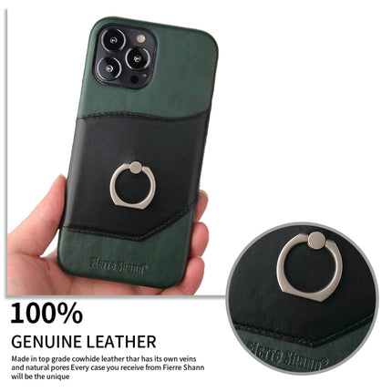 Fierre Shann Oil Wax Texture Genuine Leather Back Cover Case with 360 Degree Rotation Holder & Card Slot For iPhone 13 Pro(Black)-garmade.com