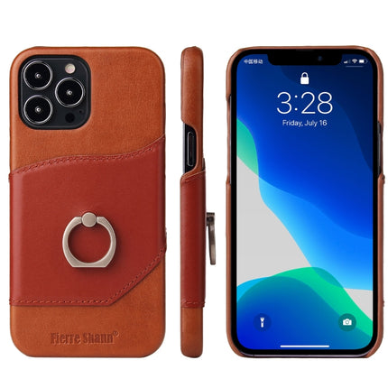 Fierre Shann Oil Wax Texture Genuine Leather Back Cover Case with 360 Degree Rotation Holder & Card Slot For iPhone 13 Pro Max(Brown)-garmade.com