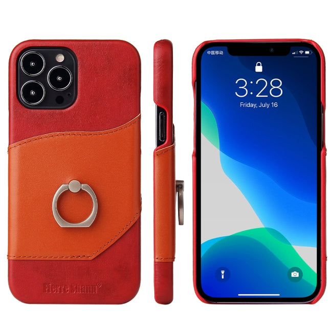 Fierre Shann Oil Wax Texture Genuine Leather Back Cover Case with 360 Degree Rotation Holder & Card Slot For iPhone 13 Pro Max(Red)-garmade.com