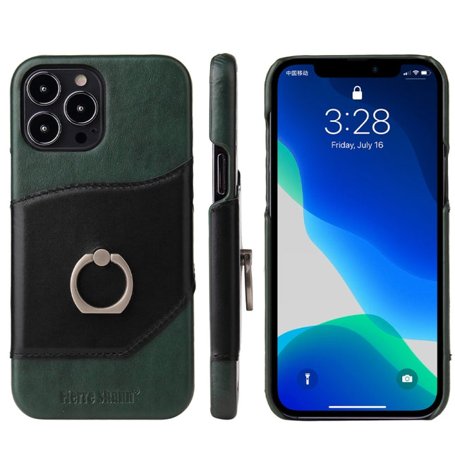 Fierre Shann Oil Wax Texture Genuine Leather Back Cover Case with 360 Degree Rotation Holder & Card Slot For iPhone 13 Pro Max(Black)-garmade.com