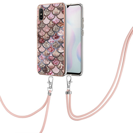 For Xiaomi Redmi 9A Electroplating Pattern IMD TPU Shockproof Case with Neck Lanyard(Pink Scales)-garmade.com