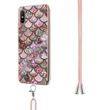 For Xiaomi Redmi 9A Electroplating Pattern IMD TPU Shockproof Case with Neck Lanyard(Pink Scales)-garmade.com