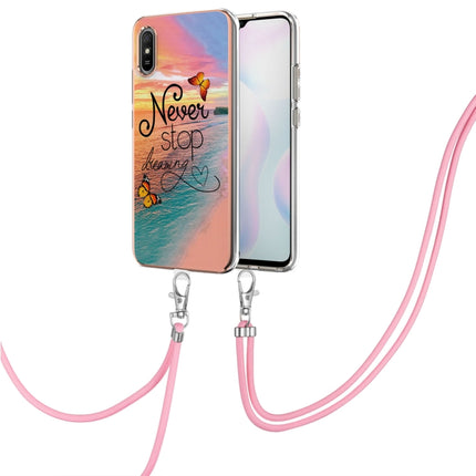 For Xiaomi Redmi 9A Electroplating Pattern IMD TPU Shockproof Case with Neck Lanyard(Dream Chasing Butterfly)-garmade.com