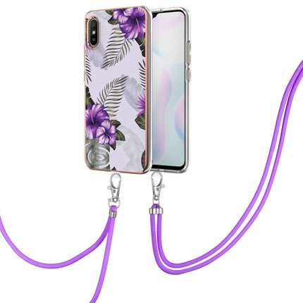 For Xiaomi Redmi 9A Electroplating Pattern IMD TPU Shockproof Case with Neck Lanyard(Purple Flower)-garmade.com