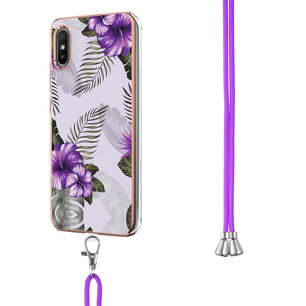 For Xiaomi Redmi 9A Electroplating Pattern IMD TPU Shockproof Case with Neck Lanyard(Purple Flower)-garmade.com