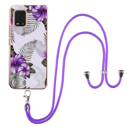 For Xiaomi Mi 10 Lite 5G Electroplating Pattern IMD TPU Shockproof Case with Neck Lanyard(Purple Flower)-garmade.com