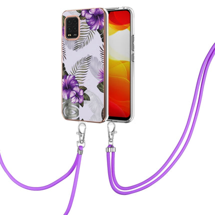 For Xiaomi Mi 10 Lite 5G Electroplating Pattern IMD TPU Shockproof Case with Neck Lanyard(Purple Flower)-garmade.com
