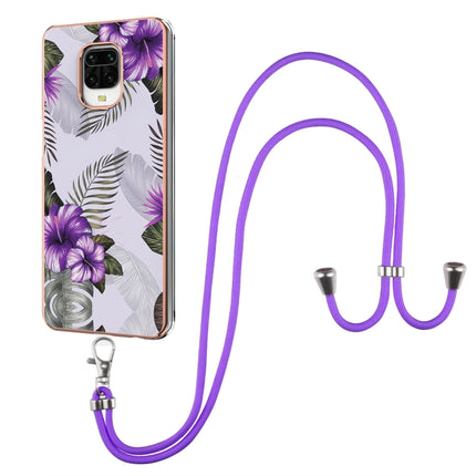 For Xiaomi Redmi Note 9S / Note 9 Pro Electroplating Pattern IMD TPU Shockproof Case with Neck Lanyard(Purple Flower)-garmade.com