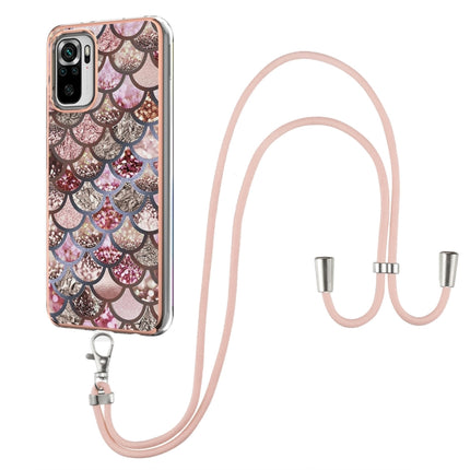 For Xiaomi Redmi Note 10 Electroplating Pattern IMD TPU Shockproof Case with Neck Lanyard(Pink Scales)-garmade.com