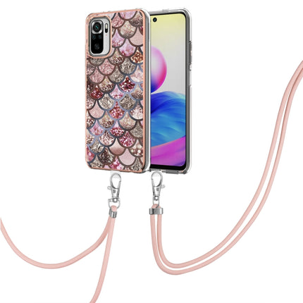 For Xiaomi Redmi Note 10 Electroplating Pattern IMD TPU Shockproof Case with Neck Lanyard(Pink Scales)-garmade.com