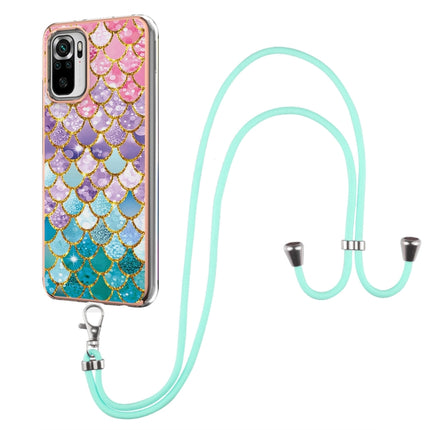 For Xiaomi Redmi Note 10 Electroplating Pattern IMD TPU Shockproof Case with Neck Lanyard(Colorful Scales)-garmade.com