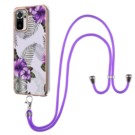 For Xiaomi Redmi Note 10 Electroplating Pattern IMD TPU Shockproof Case with Neck Lanyard(Purple Flower)-garmade.com