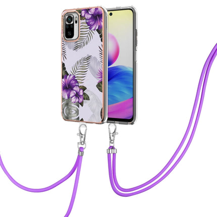 For Xiaomi Redmi Note 10 Electroplating Pattern IMD TPU Shockproof Case with Neck Lanyard(Purple Flower)-garmade.com