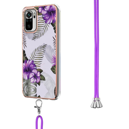 For Xiaomi Redmi Note 10 Electroplating Pattern IMD TPU Shockproof Case with Neck Lanyard(Purple Flower)-garmade.com