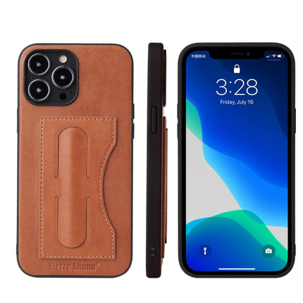 Fierre Shann Full Coverage Protective Leather Case with Holder & Card Slot For iPhone 13 Mini(Brown)-garmade.com