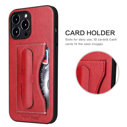 Fierre Shann Full Coverage Protective Leather Case with Holder & Card Slot For iPhone 13 Pro(Red)-garmade.com