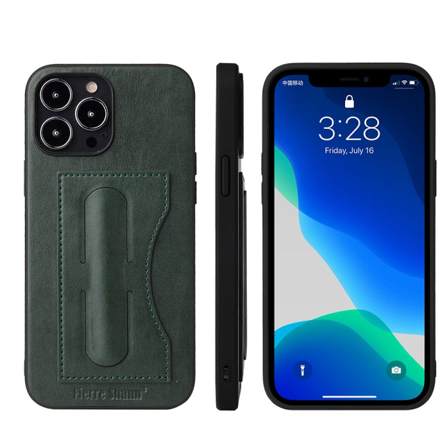 Fierre Shann Full Coverage Protective Leather Case with Holder & Card Slot For iPhone 13 Pro Max(Green)-garmade.com