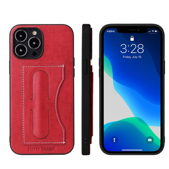 Fierre Shann Full Coverage Protective Leather Case with Holder & Card Slot For iPhone 13 Pro Max(Red)-garmade.com