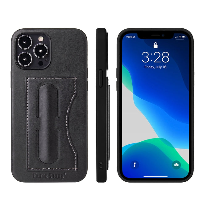 Fierre Shann Full Coverage Protective Leather Case with Holder & Card Slot For iPhone 13 Pro Max(Black)-garmade.com