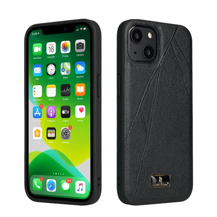 Fierre Shann Leather Texture Phone Back Cover Case For iPhone 13(Ox Tendon Black)-garmade.com