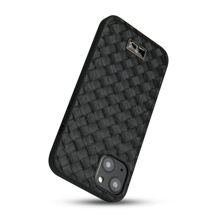 Fierre Shann Leather Texture Phone Back Cover Case For iPhone 13(Woven Black)-garmade.com