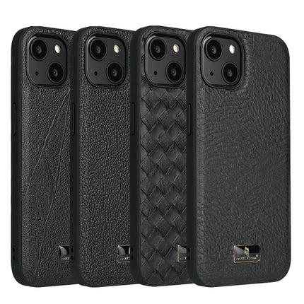 Fierre Shann Leather Texture Phone Back Cover Case For iPhone 13(Woven Black)-garmade.com