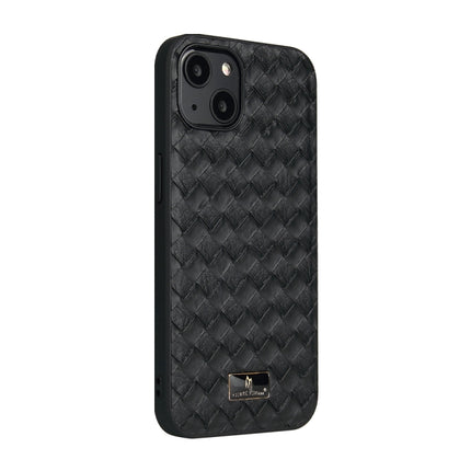 Fierre Shann Leather Texture Phone Back Cover Case For iPhone 13 Mini(Woven Black)-garmade.com