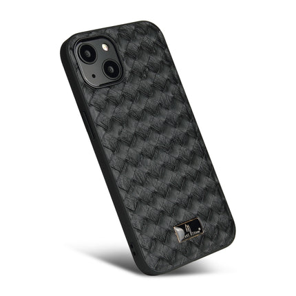 Fierre Shann Leather Texture Phone Back Cover Case For iPhone 13 Mini(Woven Black)-garmade.com