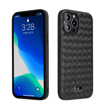 Fierre Shann Leather Texture Phone Back Cover Case For iPhone 13 Pro(Woven Black)-garmade.com