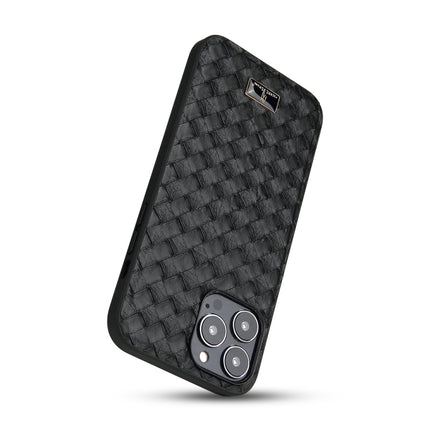 Fierre Shann Leather Texture Phone Back Cover Case For iPhone 13 Pro(Woven Black)-garmade.com